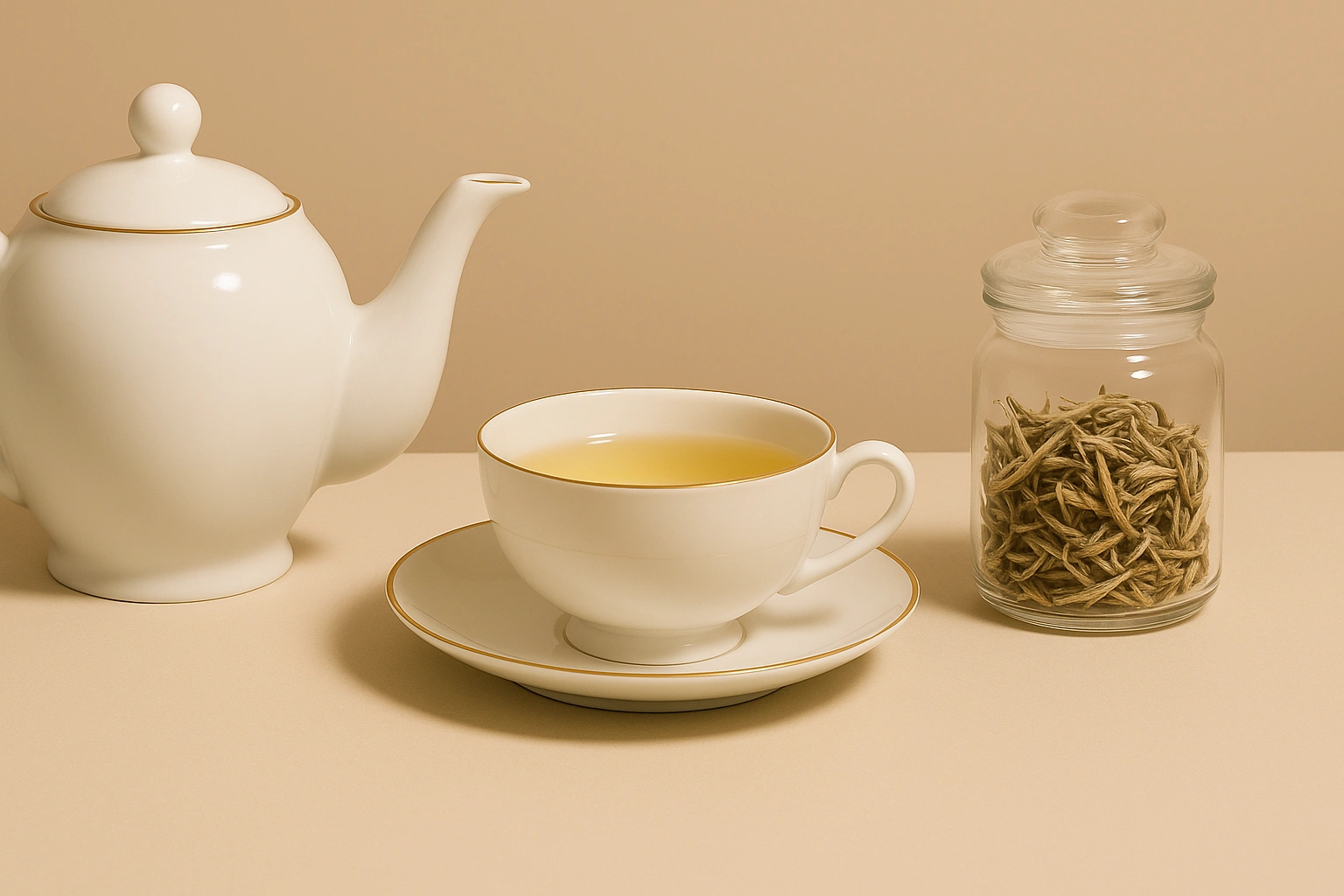 Weißer Tee mit Teetasse und losem Tee - Hintergrund